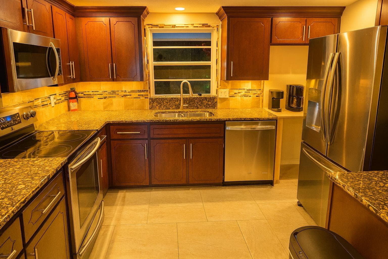This spacious kitchen features rich wood cabinetry and modern stainless steel appliances, perfectly designed for a comfortable coliving experience. The ample counter space and sleek finishes create an inviting environment for cooking and socializing.